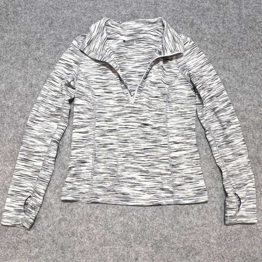 Zella Girl Youth Med 8/10 Space Dye Quarter Zip Pullover Thumbholes Black White
